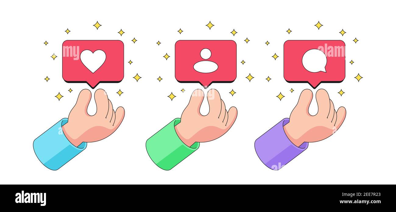 Human cartoon hand gives away bubble notification with Like, Follower and Comment icon. Social ...